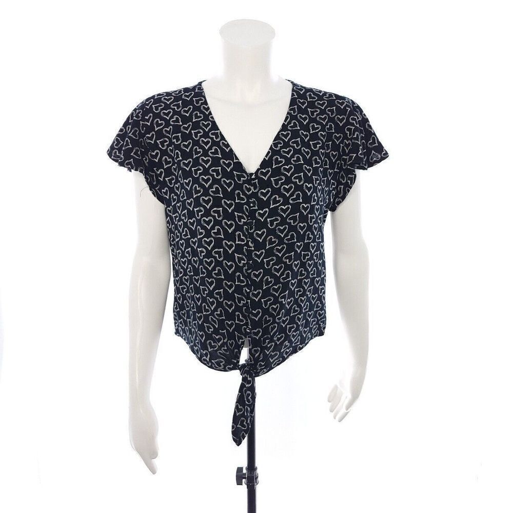 Sim and Sam Womens Black and White Hearts Short Sleeve Shirt Size Large
